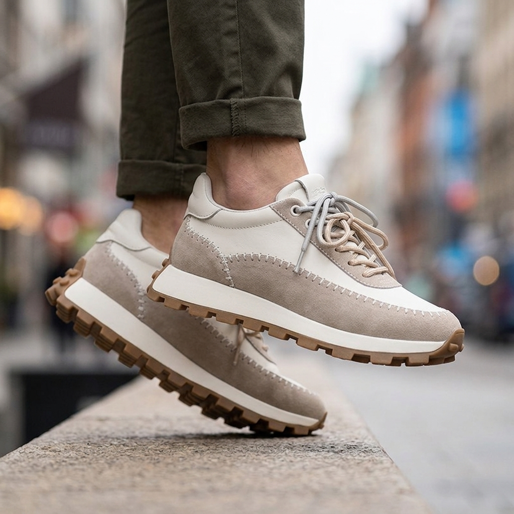 Elara retro sneakers in een lifestyle setting, mogelijk op een stedelijke achtergrond, die de veelzijdigheid van de sneakers benadrukt.