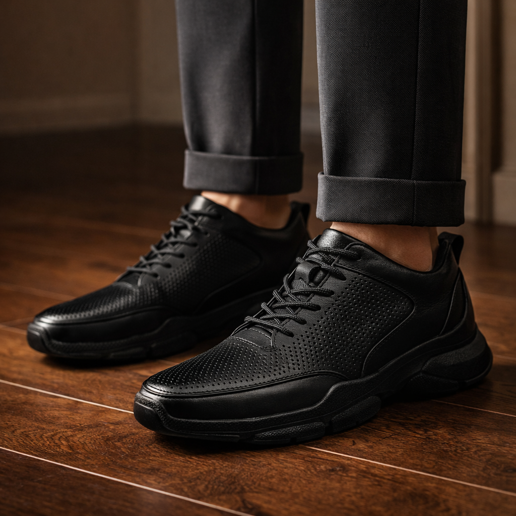 Een stapel Gideon herenschoenen in verschillende kleuren, bruin, kaki en zwart, op een neutrale achtergrond.