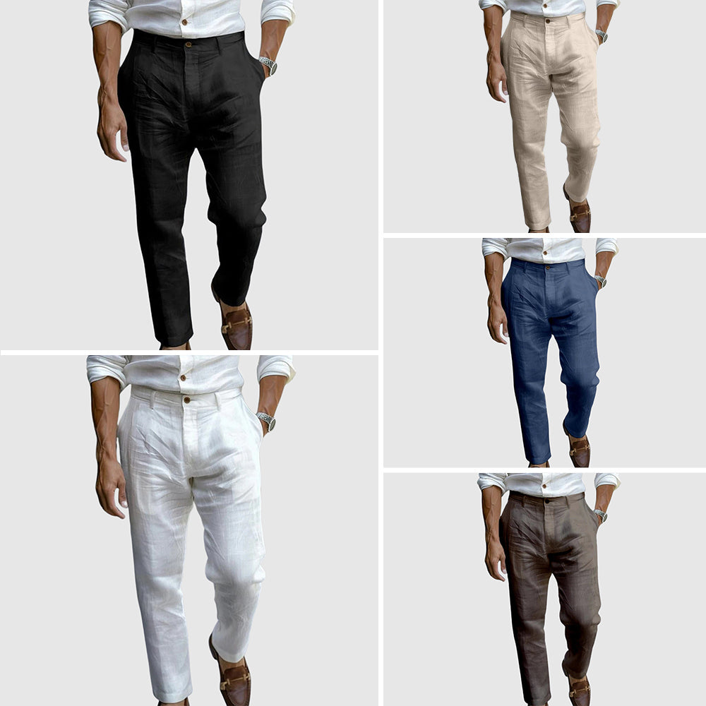 Overzicht van de verschillende kleuropties van de linnen broek, gepresenteerd op een neutrale achtergrond, voor een duidelijke keuze.