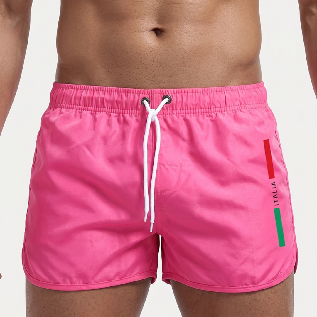 Detailopname van de stoftextuur van de Otis zwemshort in blauw, die het lichte en sneldrogende karakter benadrukt.