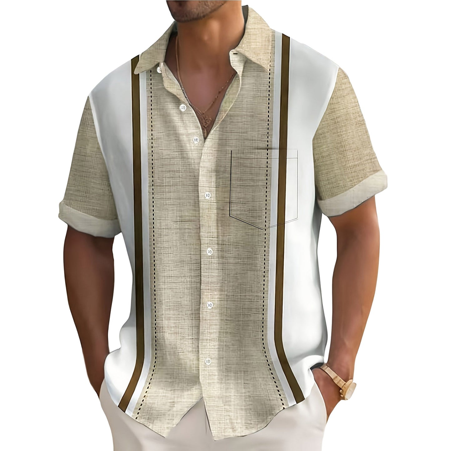 Zijaanzicht van het Stijn gestreepte resort overhemd in beige, dat de relaxte pasvorm en de kwaliteitsafwerking toont.