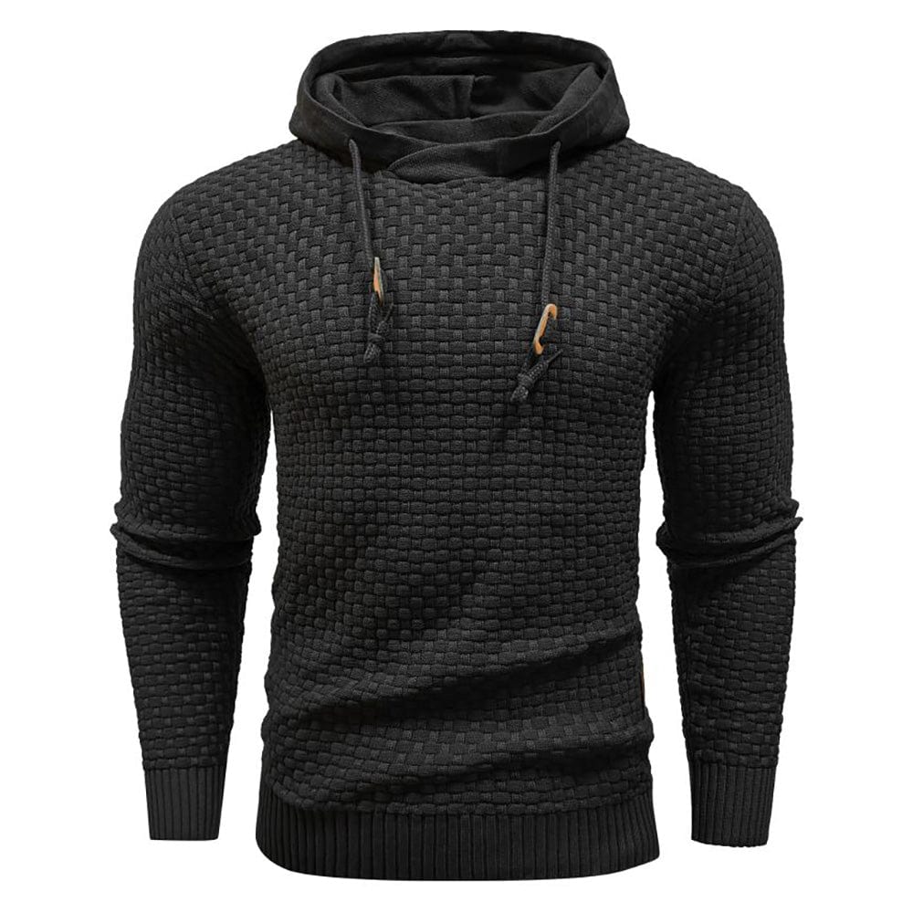 Zwarte hoodie, close-up van de geribbelde manchetten en zoom, bewijst de slijtvastheid.