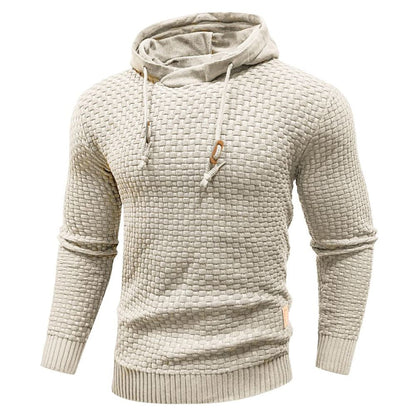 Achterkant van de khaki Siebe hoodie, met nadruk op de capuchon, de trekkoorden en de duurzame afwerking van de stof.
