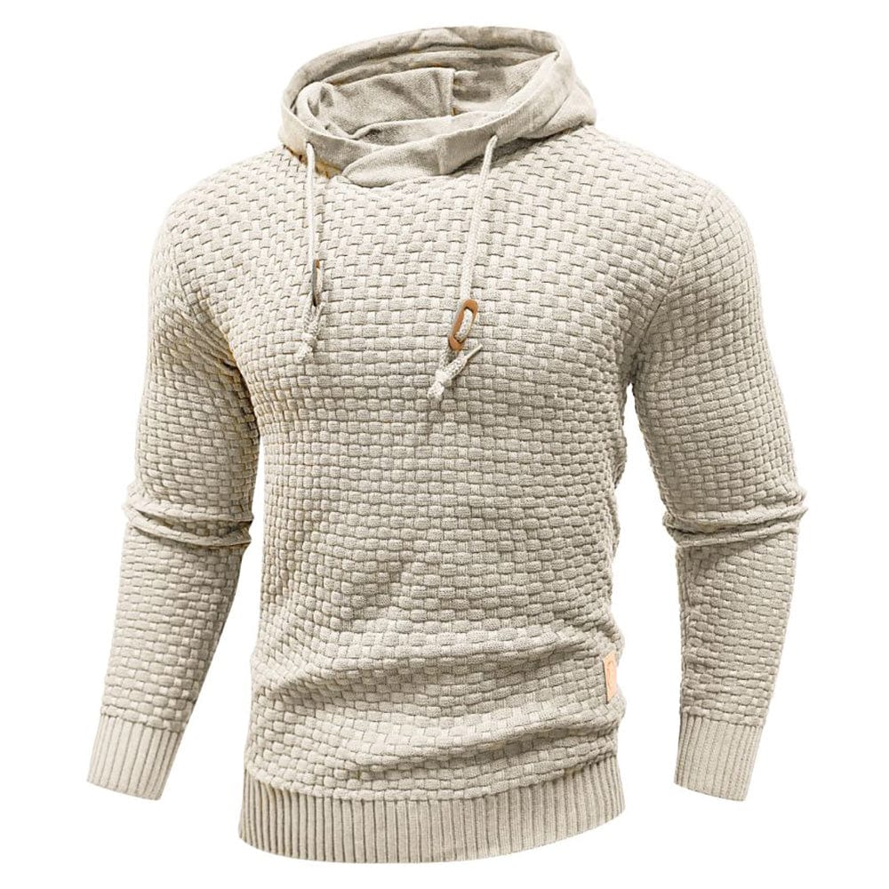 Khaki katoen-polyester hoodie, detail van de capuchon en trekkoorden met focus op de stiksels.