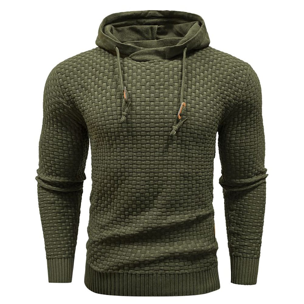 Legergroene hoodie, detail van de stof onder invloed van licht, laat de kwaliteit van de blend zien.