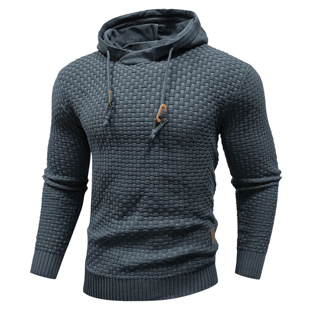 Blauw-grijze hoodie voor heren, een close-up van de zachte stoftextuur en de kleurdiepte.