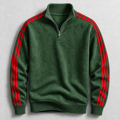 Zijaanzicht van de relaxte pasvorm van de grijze pullover, perfect voor ontspannen dagen.