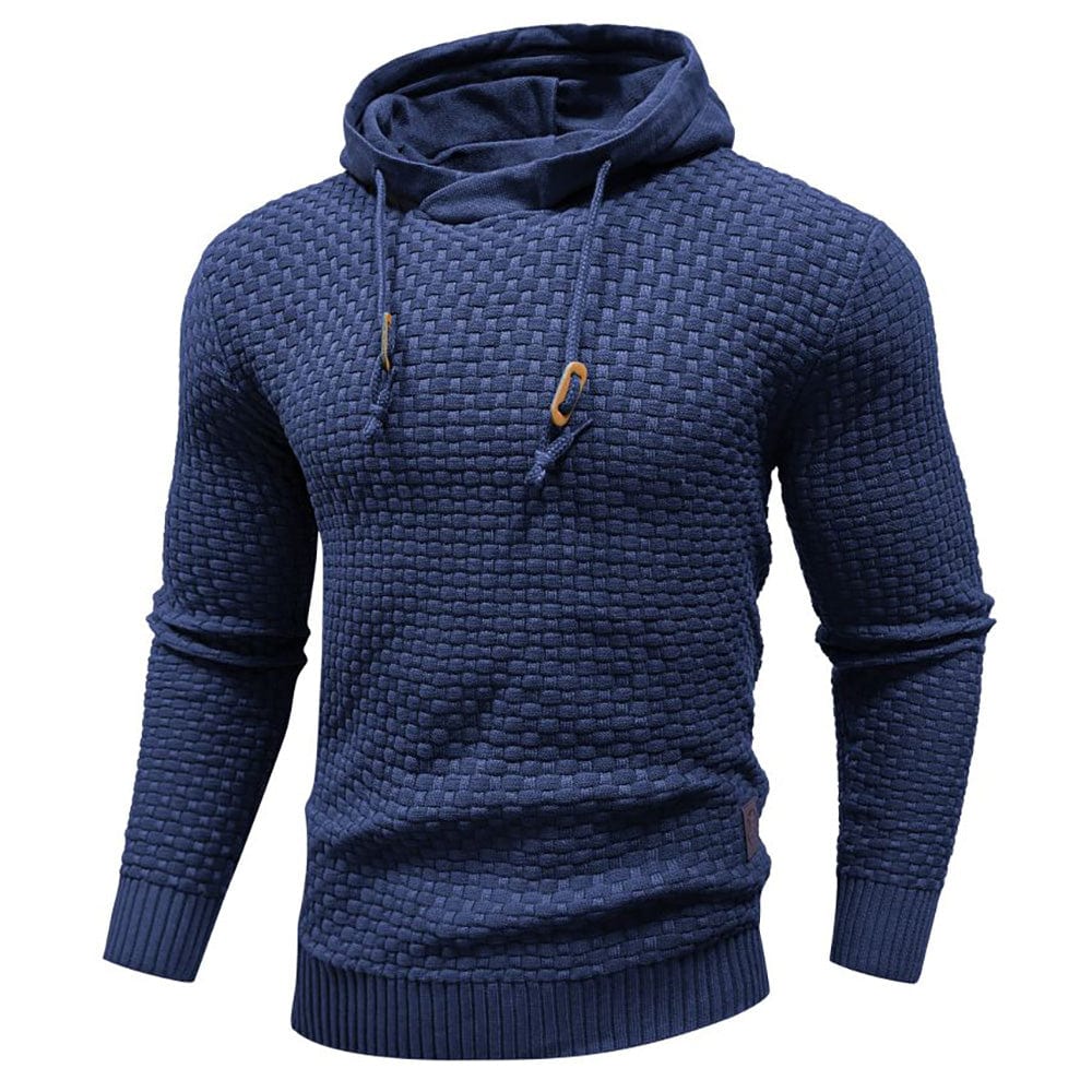Close-up van de textuur van de blauwe Siebe hoodie, met de fijne katoen-polyester mix goed zichtbaar en de stiksels.