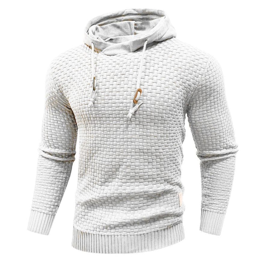 Witte comfortabele hoodie, achterkant aanzicht met aandacht voor de schouderlijn en pasvorm.