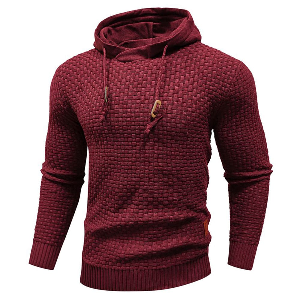 Detailopname van de capuchon en het trekkoord van de rode Siebe hoodie, hoge kwaliteit afwerking van de neklijn.
