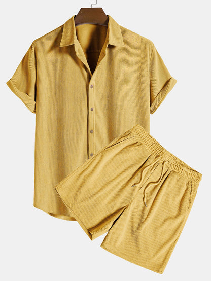 Korte Mouwen Corduroy Overhemd met Knopen & Shorts