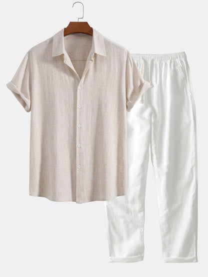 Linnen Rayon Mix Knopen Shirt & Rechte Pijpen Linnen Broek