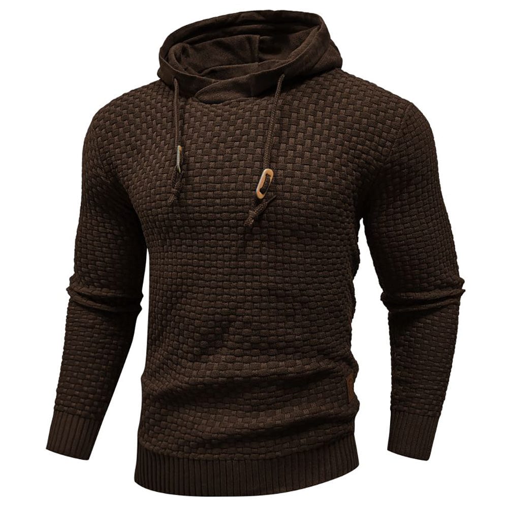 Bruine heren hoodie, detail van de kangoeroezak en de afwerking, perfect voor dagelijks gebruik.