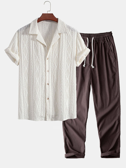 Geometrisch Jacquard Cubaanse Shirt & Rechte Linnen Broek