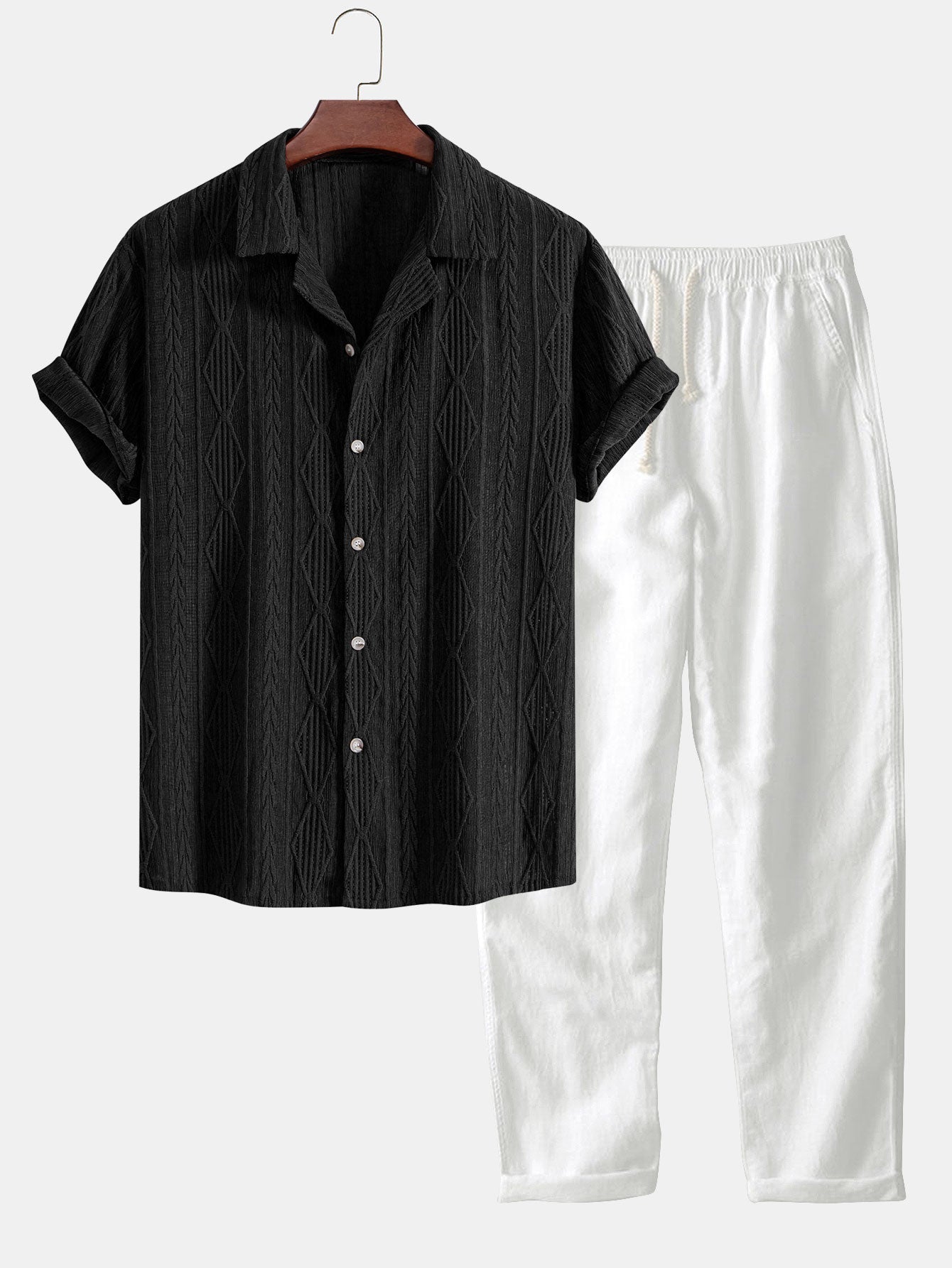 Geometrisch Jacquard Cubaanse Shirt & Rechte Linnen Broek