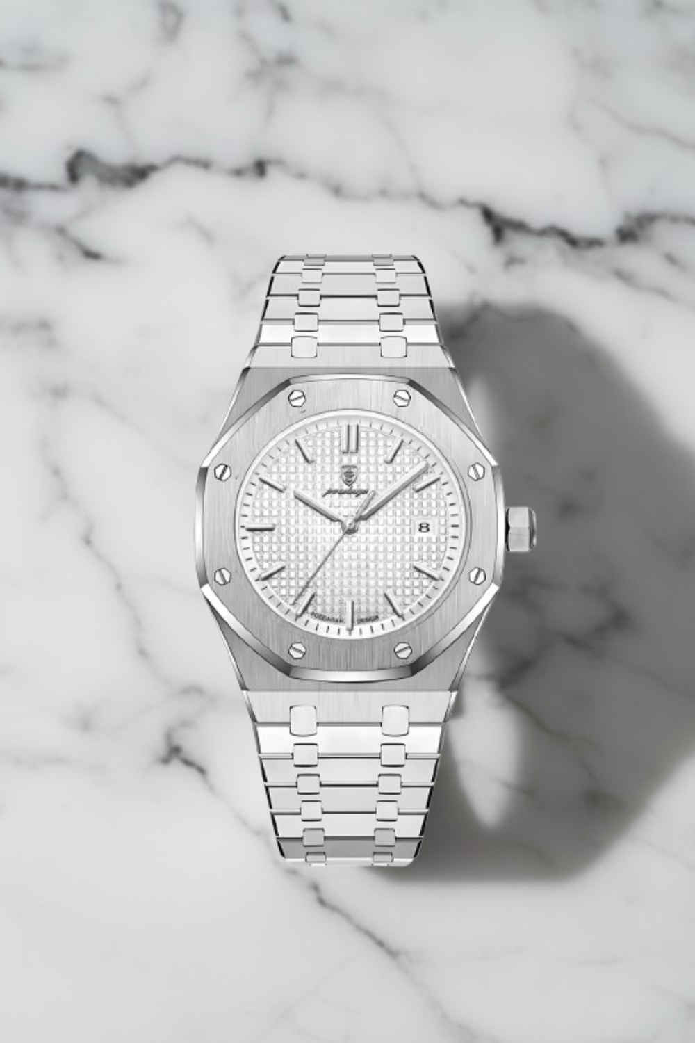 Luxe zilveren herenhorloge RVS met witte wafelpatroon wijzerplaat en achthoekige bezel