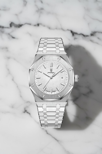 Luxe zilveren herenhorloge RVS met witte wafelpatroon wijzerplaat en achthoekige bezel