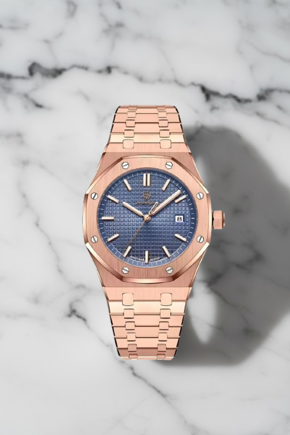 Luxe rosegouden herenhorloge RVS met blauwe wafelpatroon wijzerplaat en achthoekig design