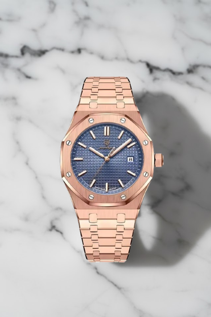 Luxe rosegouden herenhorloge RVS met blauwe wafelpatroon wijzerplaat en achthoekig design