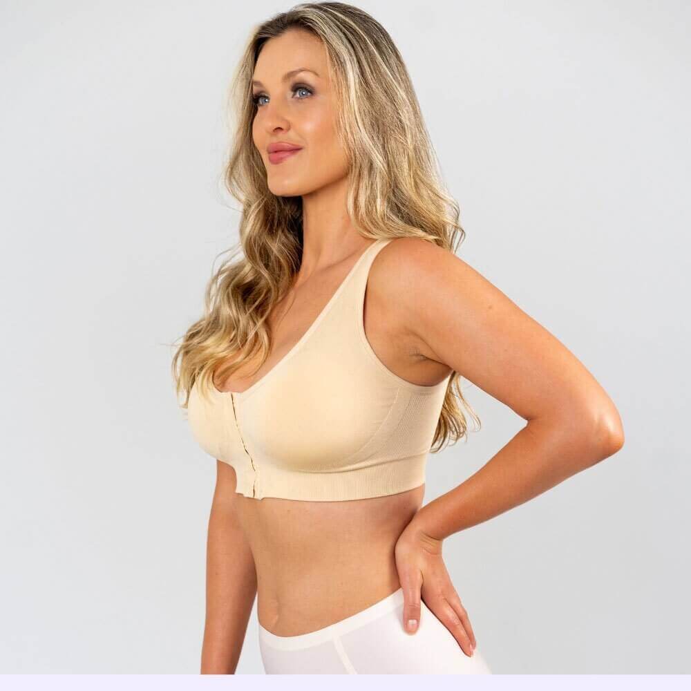 Beige high-support sport bh met voorsluiting en brede bandjes voor maximale steun
