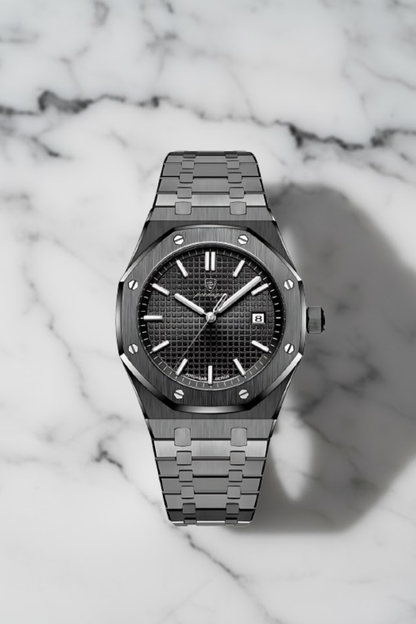 Stoer volledig zwart herenhorloge mat RVS met zwarte wafelpatroon wijzerplaat