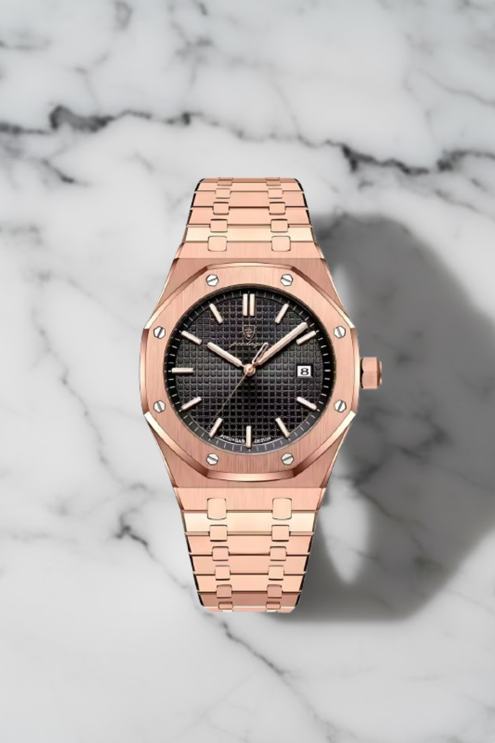 Luxe rosegouden herenhorloge RVS met zwarte wafelpatroon wijzerplaat en achthoekig design