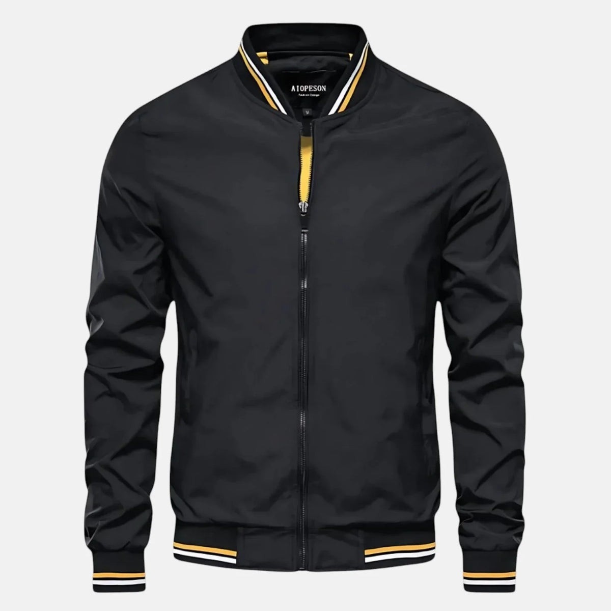 Zijaanzicht van de Rick casual herenjas in marineblauw, gedragen door een man tijdens een stadswandeling.