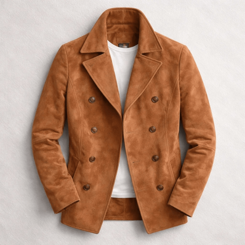 Detailopname van de pea-coat kraag en revers van de stijlvolle herenjas, met aandacht voor de textuur van het suède.