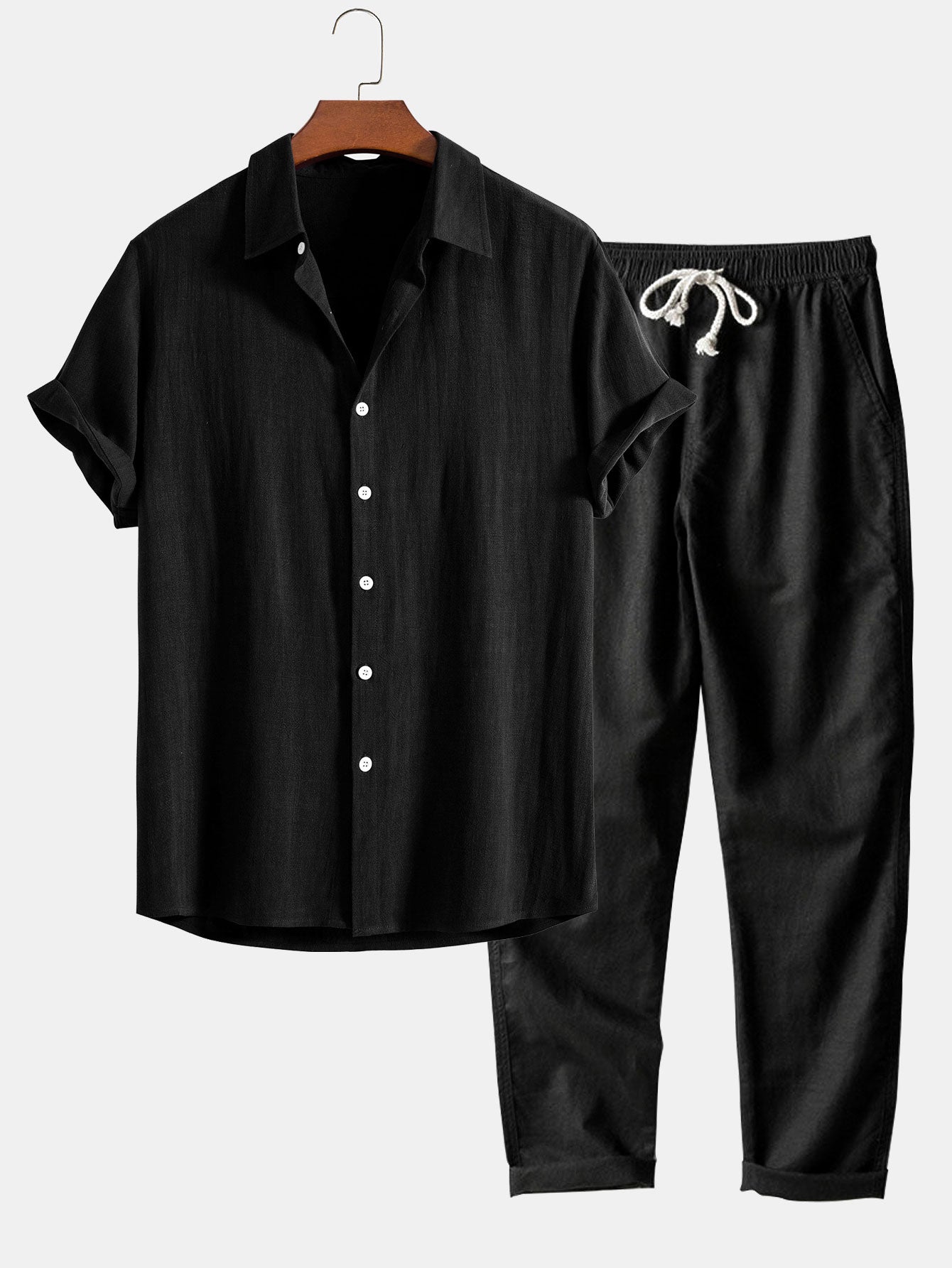 Linnen Rayon Mix Knopen Shirt & Rechte Pijpen Linnen Broek