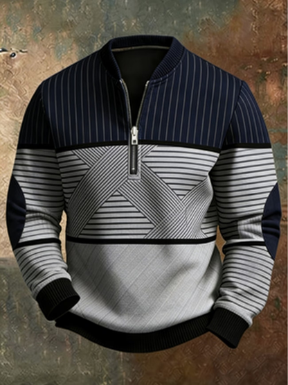 Vooraanzicht van de Emiel heren sweater in zwart, met half-zip kraag en geometrisch patroon.