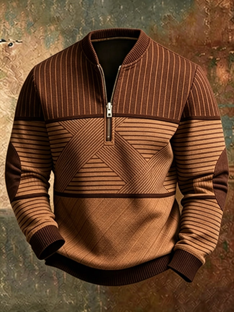 Zijaanzicht van de bruine heren sweater, waarbij de perfecte pasvorm en elastische boorden goed zichtbaar zijn.