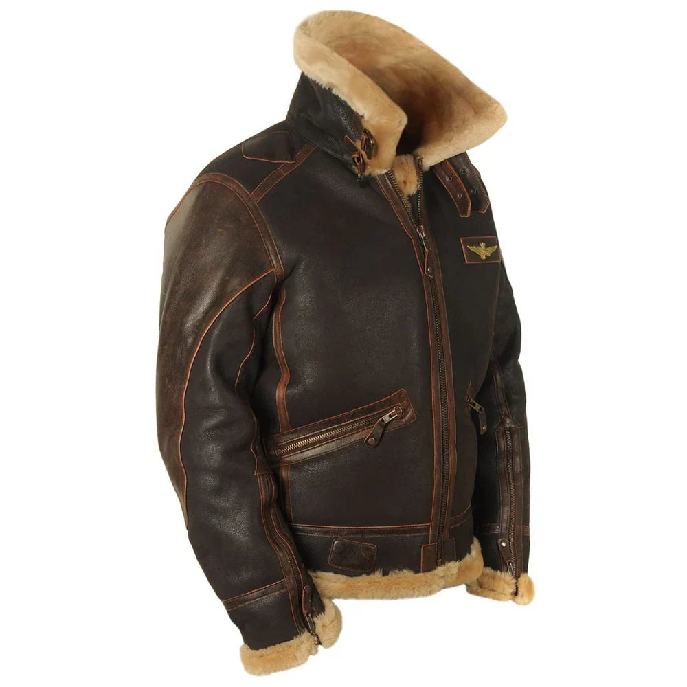 De bruine Kester aviator jas plat gelegd, toont de kleur en het ontwerp zonder afleiding.