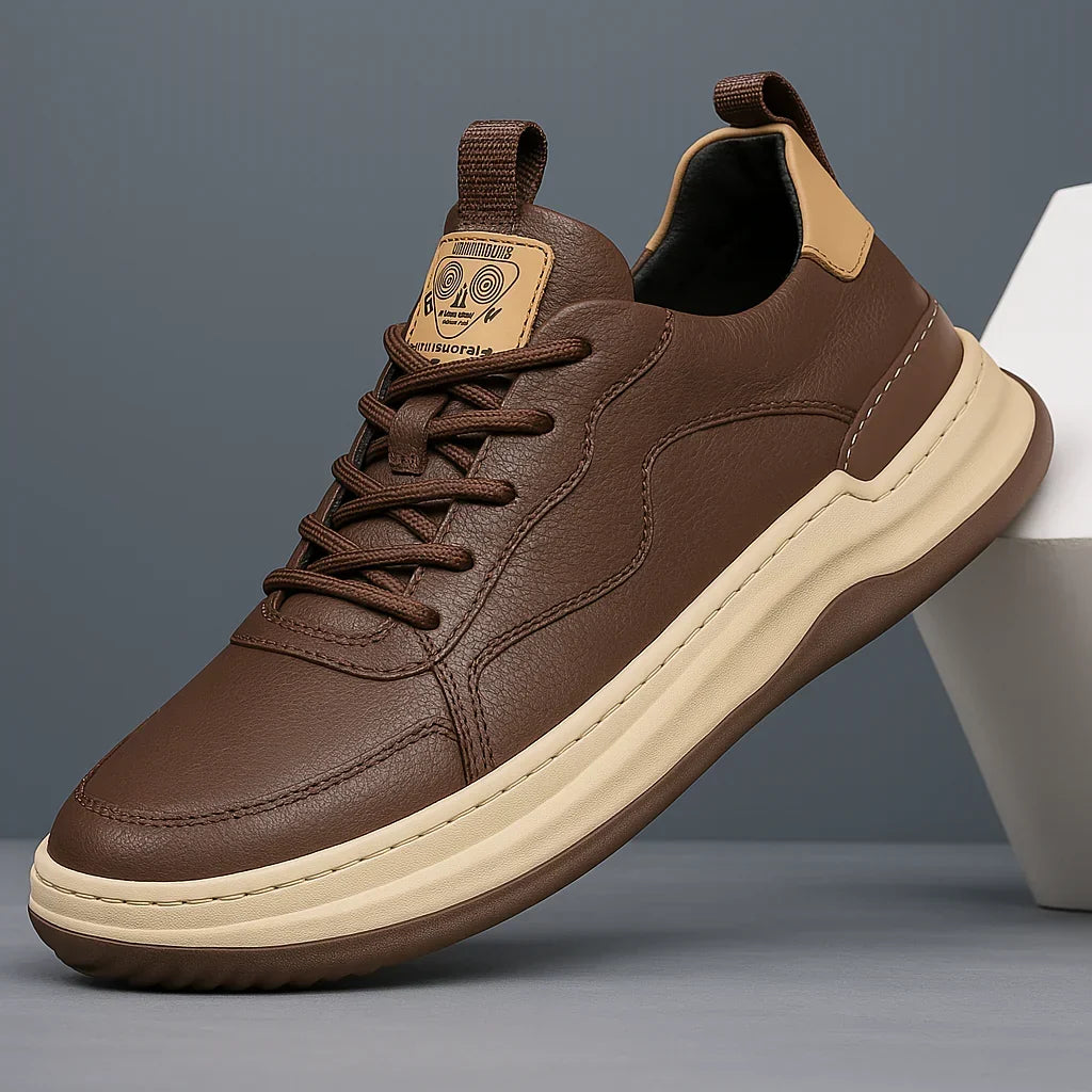 Groene premium herensneakers, in een dynamische pose, als onderdeel van een actieve levensstijl en stedelijke verkenningen.