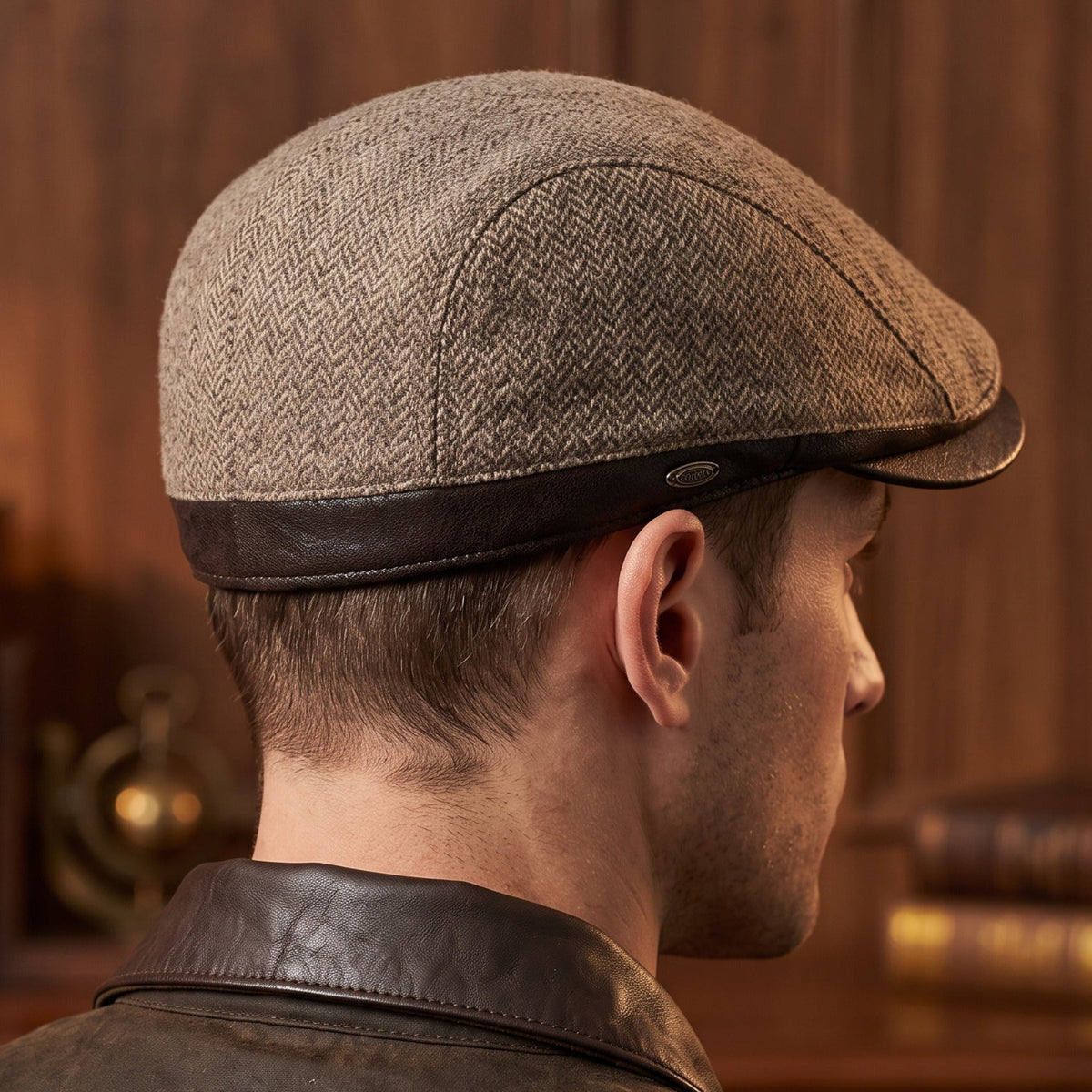 Detailopname van de Caspar Ivy Cap in khaki, toont de textuur van het visgraatontwerp en de ergonomische pasvorm.