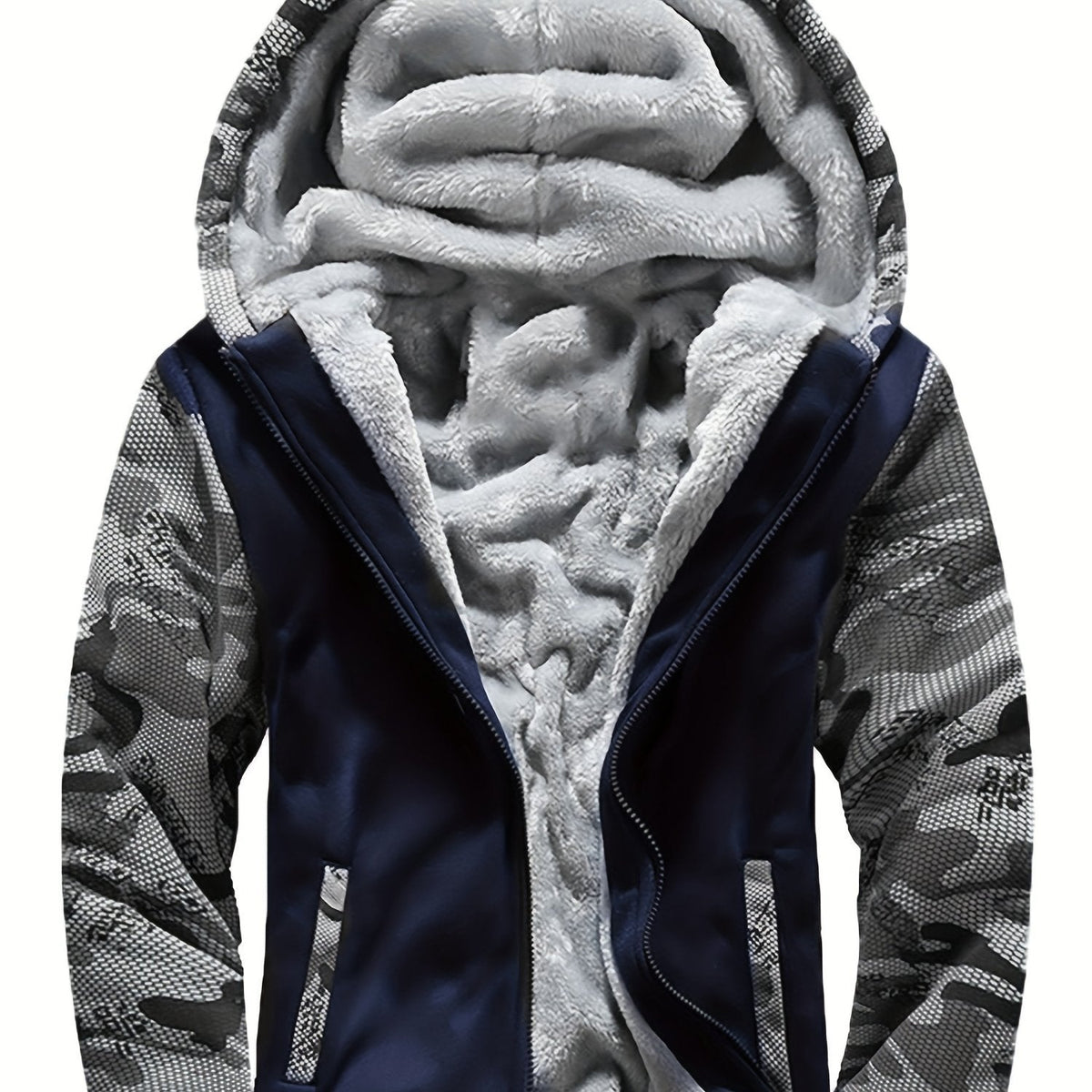 Textuur en afwerking van de stof van de camouflage hoodie, kwaliteit en duurzaamheid benadrukkend.