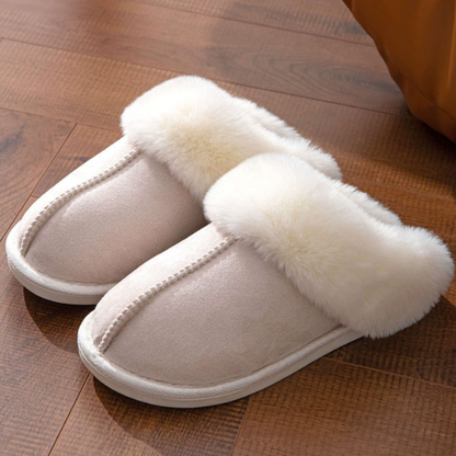 Beige velvet damespantoffels – zachte fluwelen huisschoenen met warme voering
