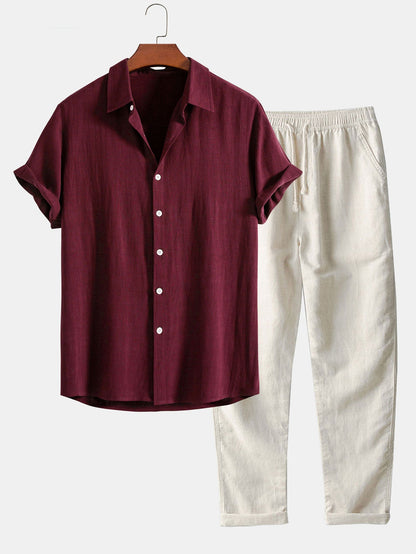 Linnen Rayon Mix Knopen Shirt & Rechte Pijpen Linnen Broek