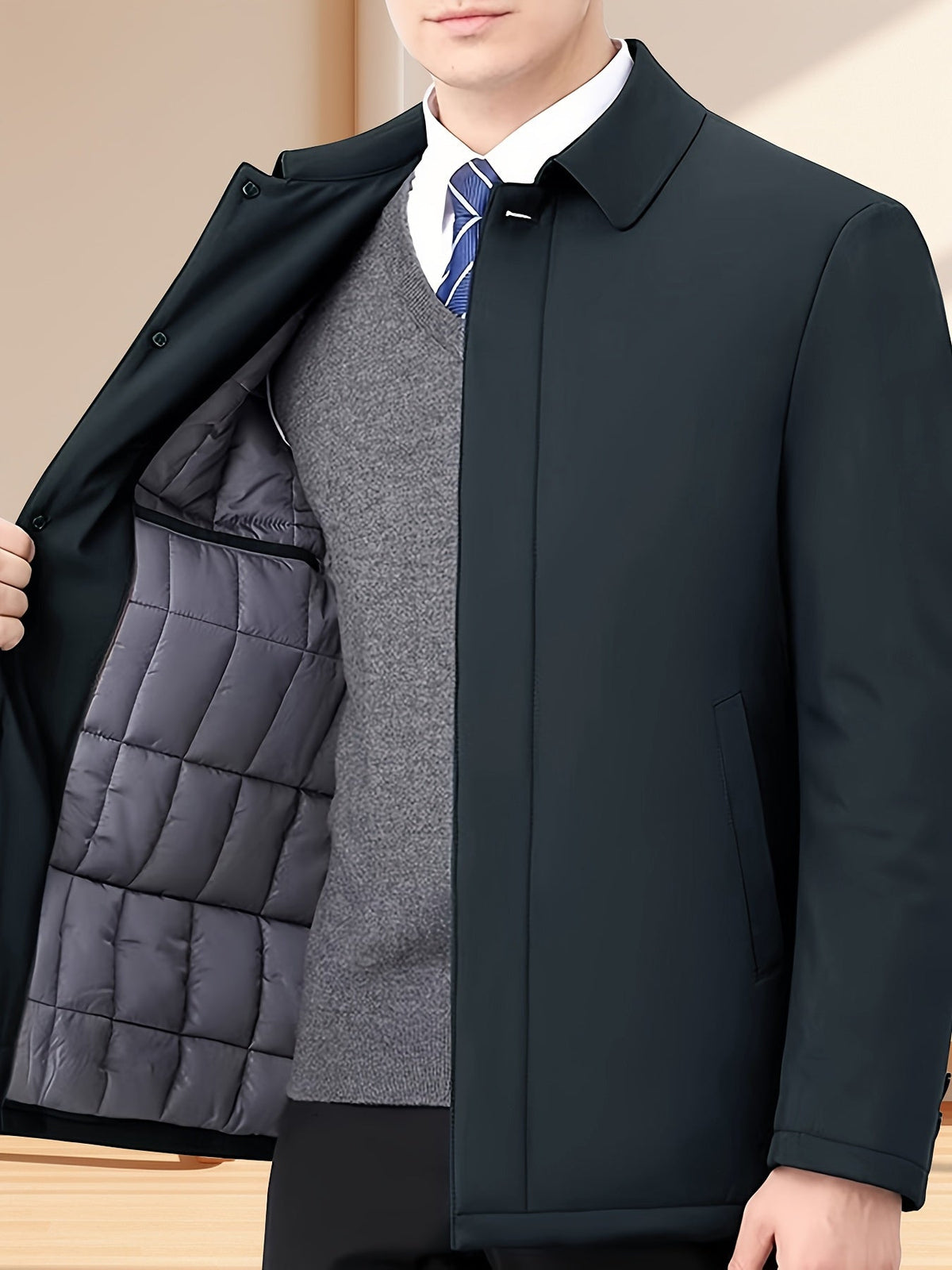 Zijaanzicht van de man in de donkerblauwe polyester jas, staand in een stedelijke omgeving.