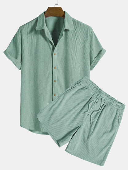 Korte Mouwen Corduroy Overhemd met Knopen & Shorts