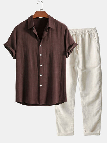 Linnen Rayon Mix Knopen Shirt & Rechte Pijpen Linnen Broek