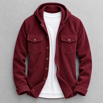 Zij-aanzicht van een man in een grijs corduroy jack, casual gestyled in een stedelijke omgeving.