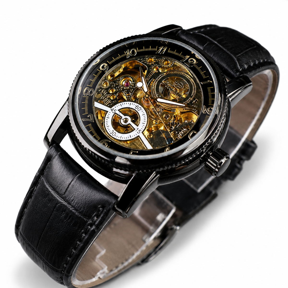 Een gouden variant van het Marius automatische horloge, gepresenteerd op een stijlvolle achtergrond die luxe uitstraalt.