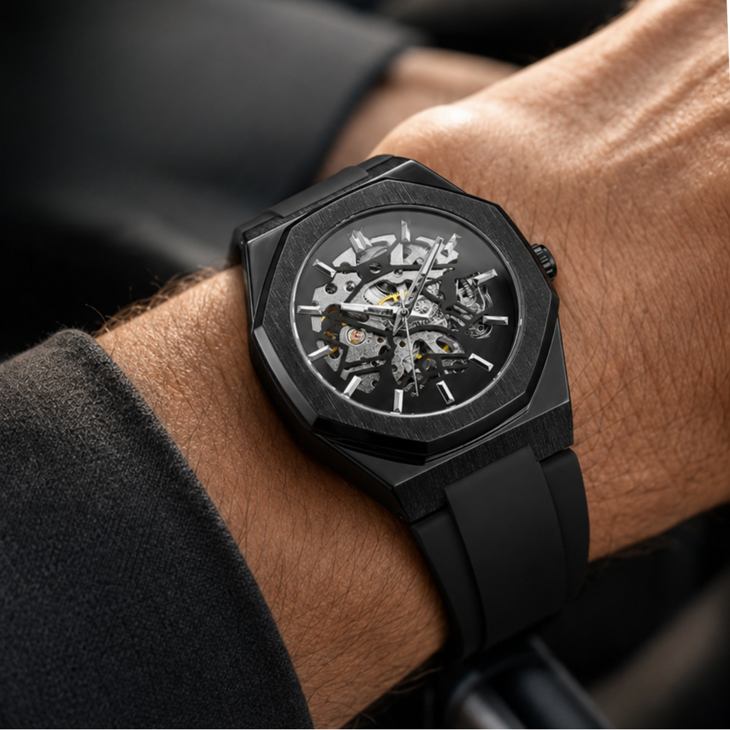 Detailopname van het complexe automatische uurwerk van het Vigo skelet horloge, zichtbaar door de wijzerplaat.