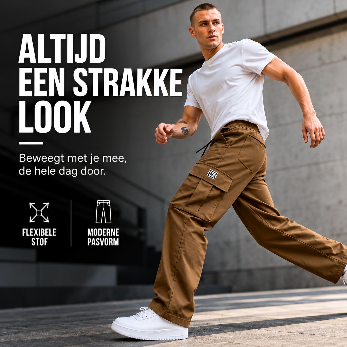 Detailopname van de elastische tailleband met trekkoord van de stijlvolle cargobroek heren, voor een optimale pasvorm.