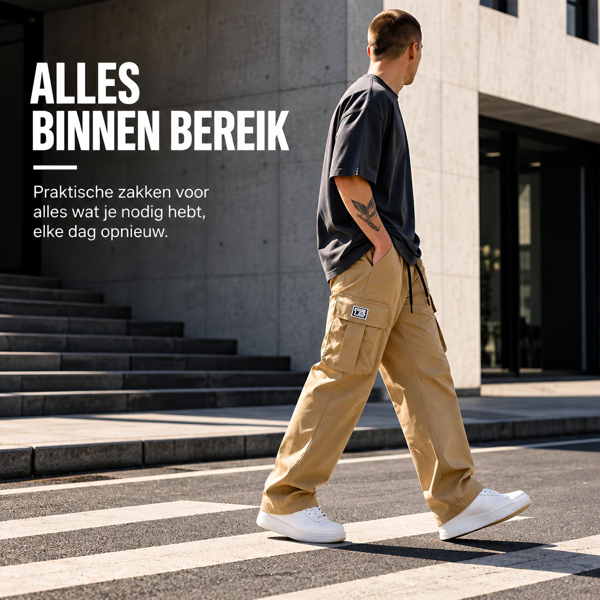 Achteraanzicht van een man die de veelzijdige cargobroek heren draagt, toont de rechte pasvorm tijdens het lopen.