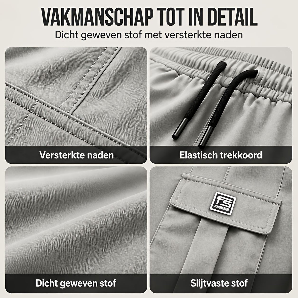 Close-up van de ruime cargozak met klep op de zijkant van een comfortabele cargobroek heren.