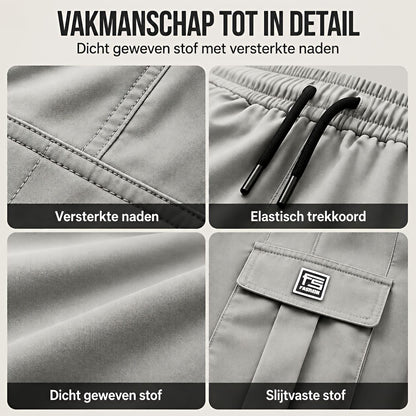 Close-up van de ruime cargozak met klep op de zijkant van een comfortabele cargobroek heren.