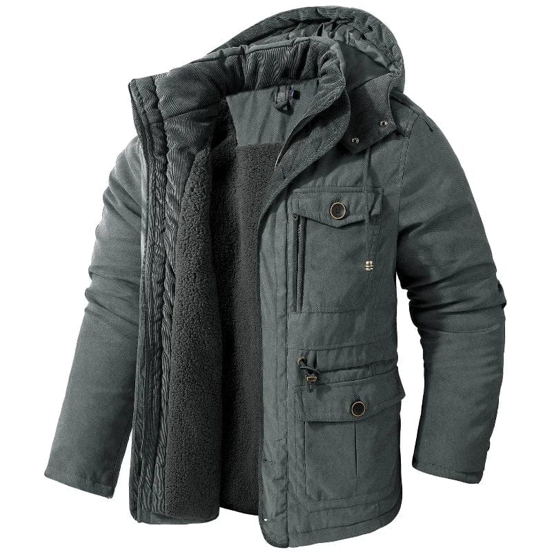 Binnenzijde van de Gijs winterjas met de zachte sherpa fleece voering en corduroy afwerking bij de kraag.