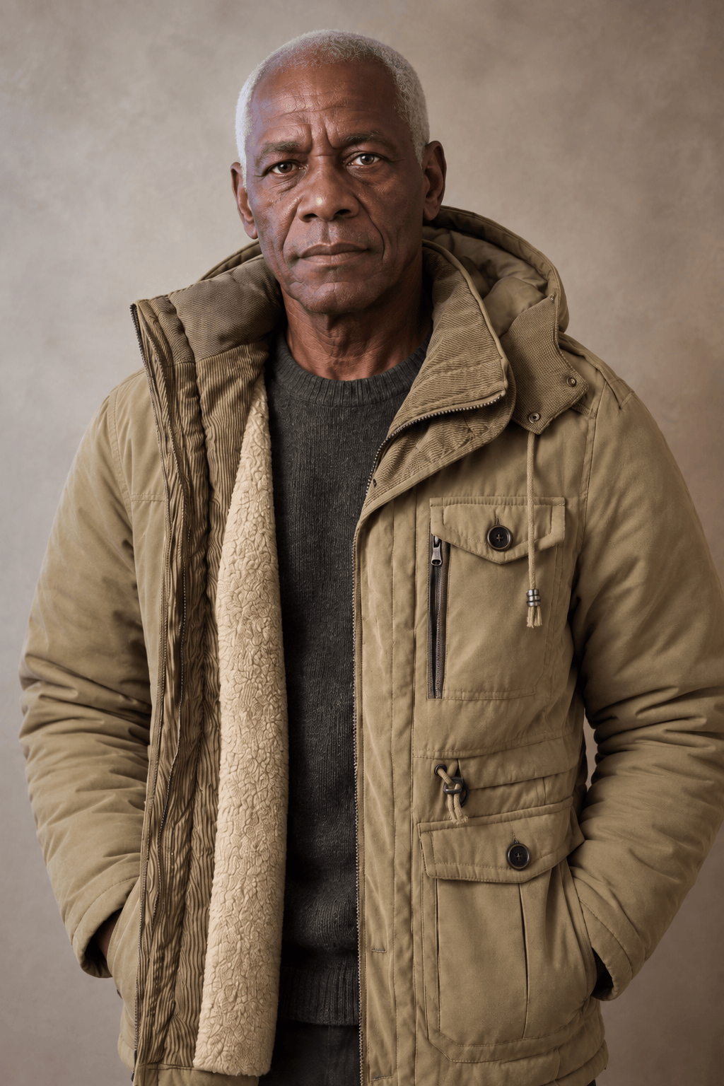 De Gijs klassieke winterjas voor heren, vooraanzicht in khaki, toont de robuuste canvas textuur en vier zakken.