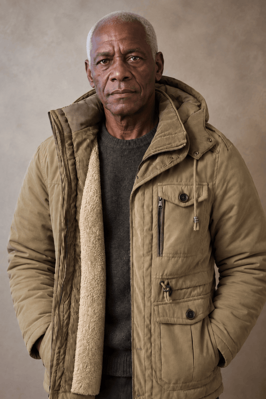 De Gijs klassieke winterjas voor heren, vooraanzicht in khaki, toont de robuuste canvas textuur en vier zakken.